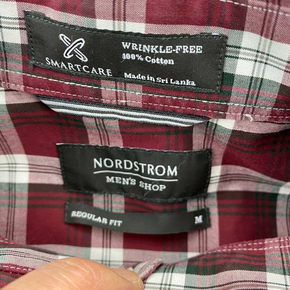 Nordstrom Dress Shirt Men's Shop M Red Black Plaid Wrinkle Free Button Down Polo - Picture 5 of 8